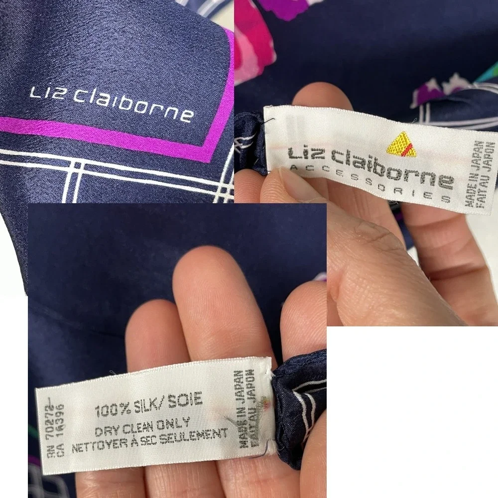 Liz Claiborne Vintage 100% Silk Scarf Navy Blue Pink Floral Windowpane Japan 31